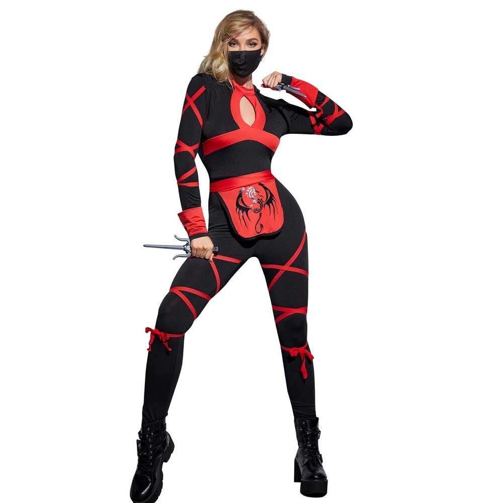 3873 Ninja Costume Red and Black Ninja Costume Set with Mask Sai 2 Pcs